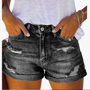 Women's Casual High Waisted,  Folded Hem Stretch Ripped Denim Shorts / XL